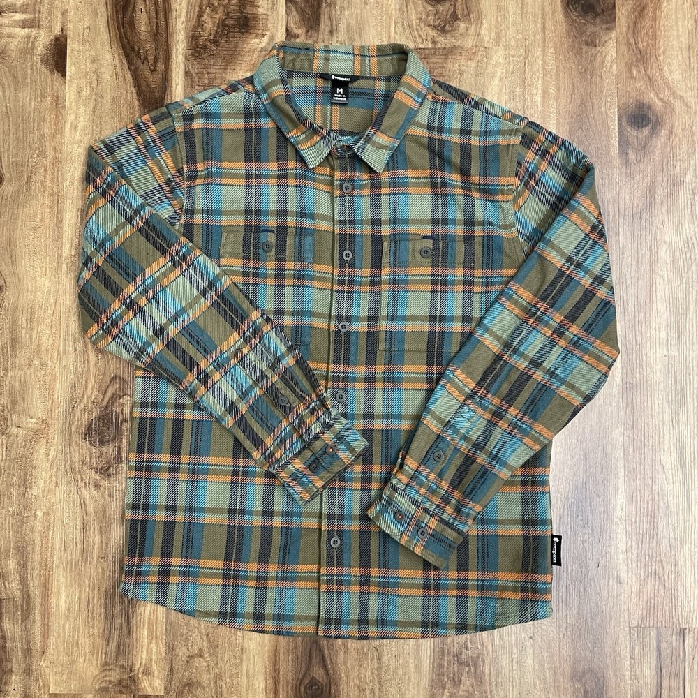 Cotopaxi Flannel Mens M Orange Blue Green Plaid Mero Button Up Organic Cotton